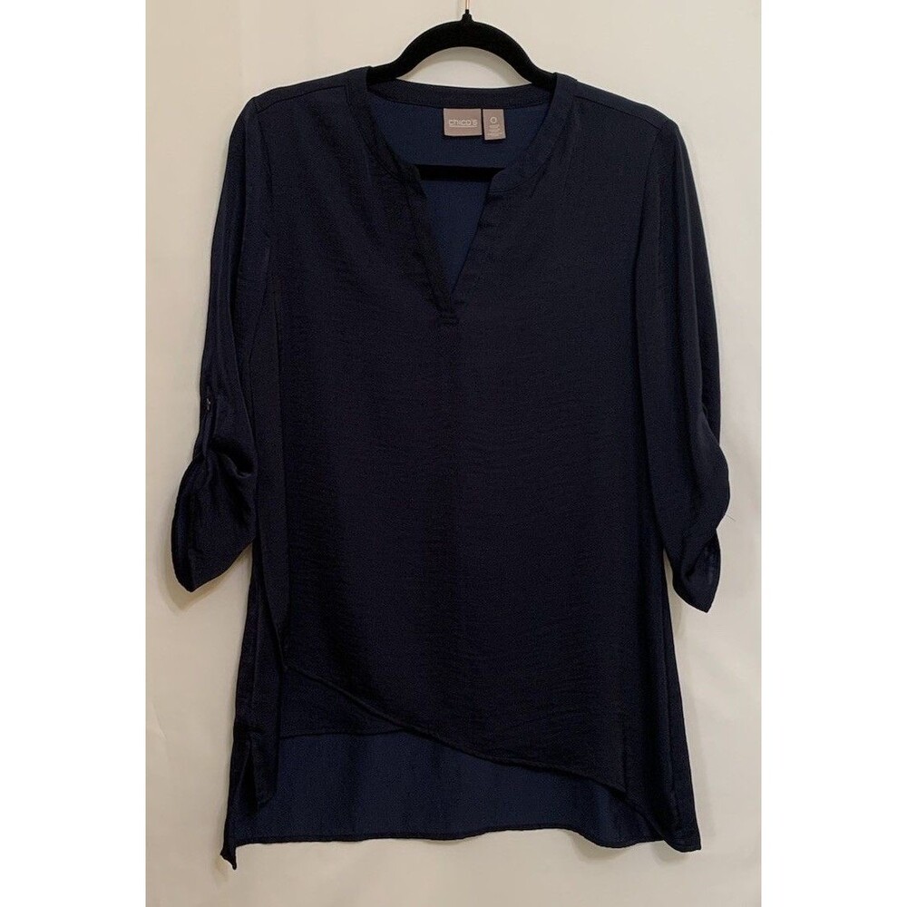 Chicos Size 0 Womens Small Top Navy Blue V Neck Tunic Silky Asymmetrical Hem